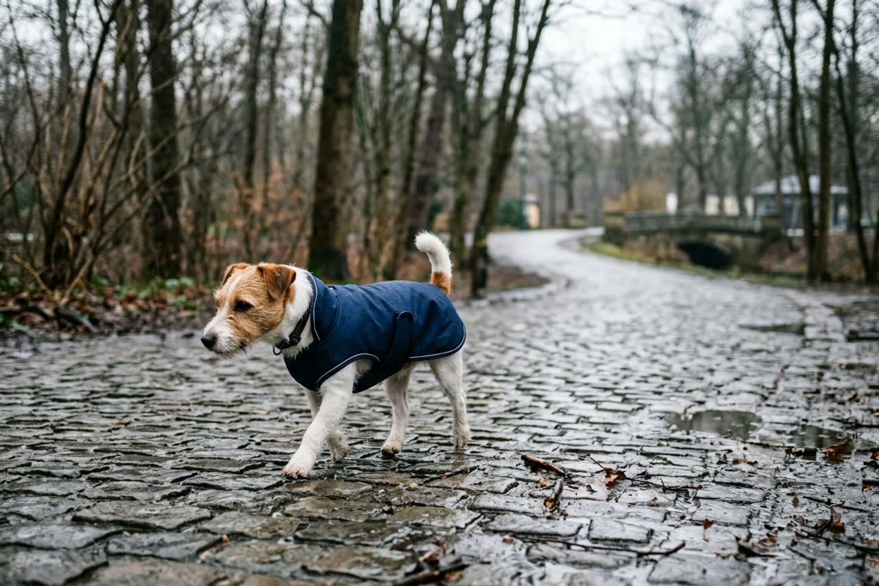 Kleine bruin-witte terriër met een donkerblauwe hondenjas stapt over natte kasseien in een kaal winterbos