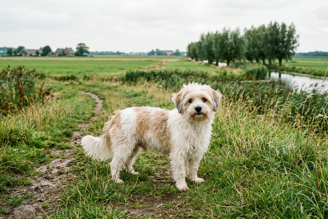 Wit-beige hond met halflange, golvende vacht staat op een grazige dijk, met een sloot en knotwilgen op de achtergrond