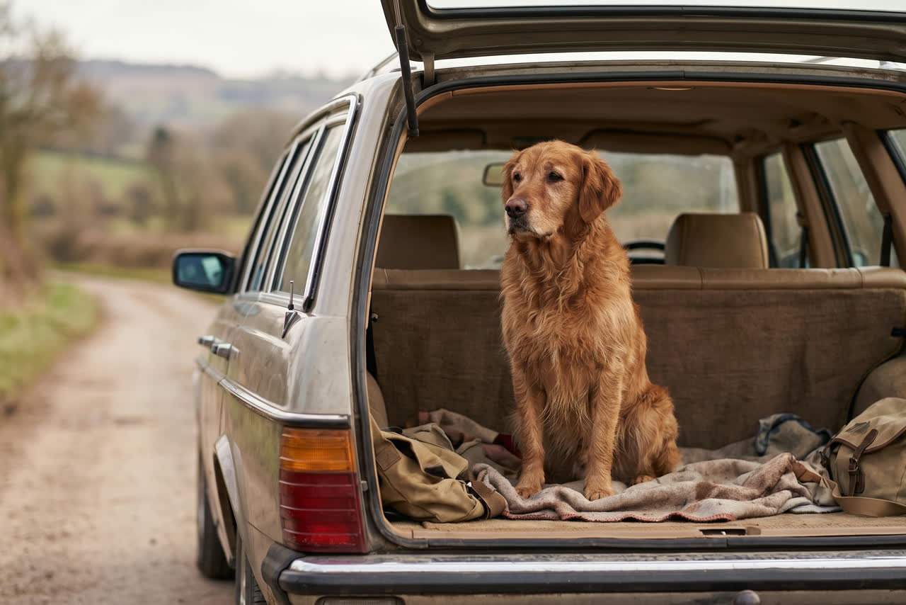 Hond zit in de auto en kijkt uit het raam, klaar voor vertrek