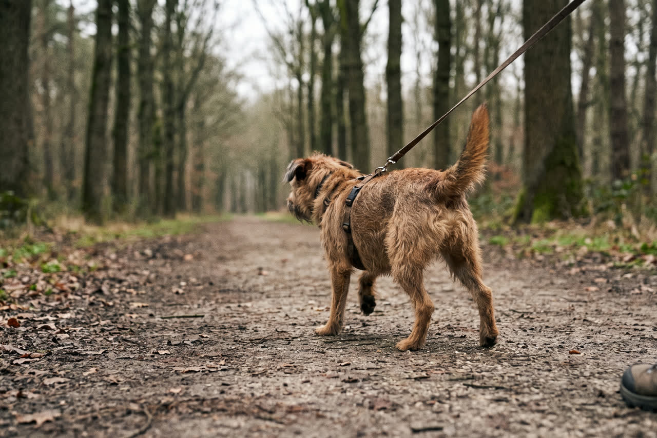 Hond wandelt aan de lijn door een zonnig park