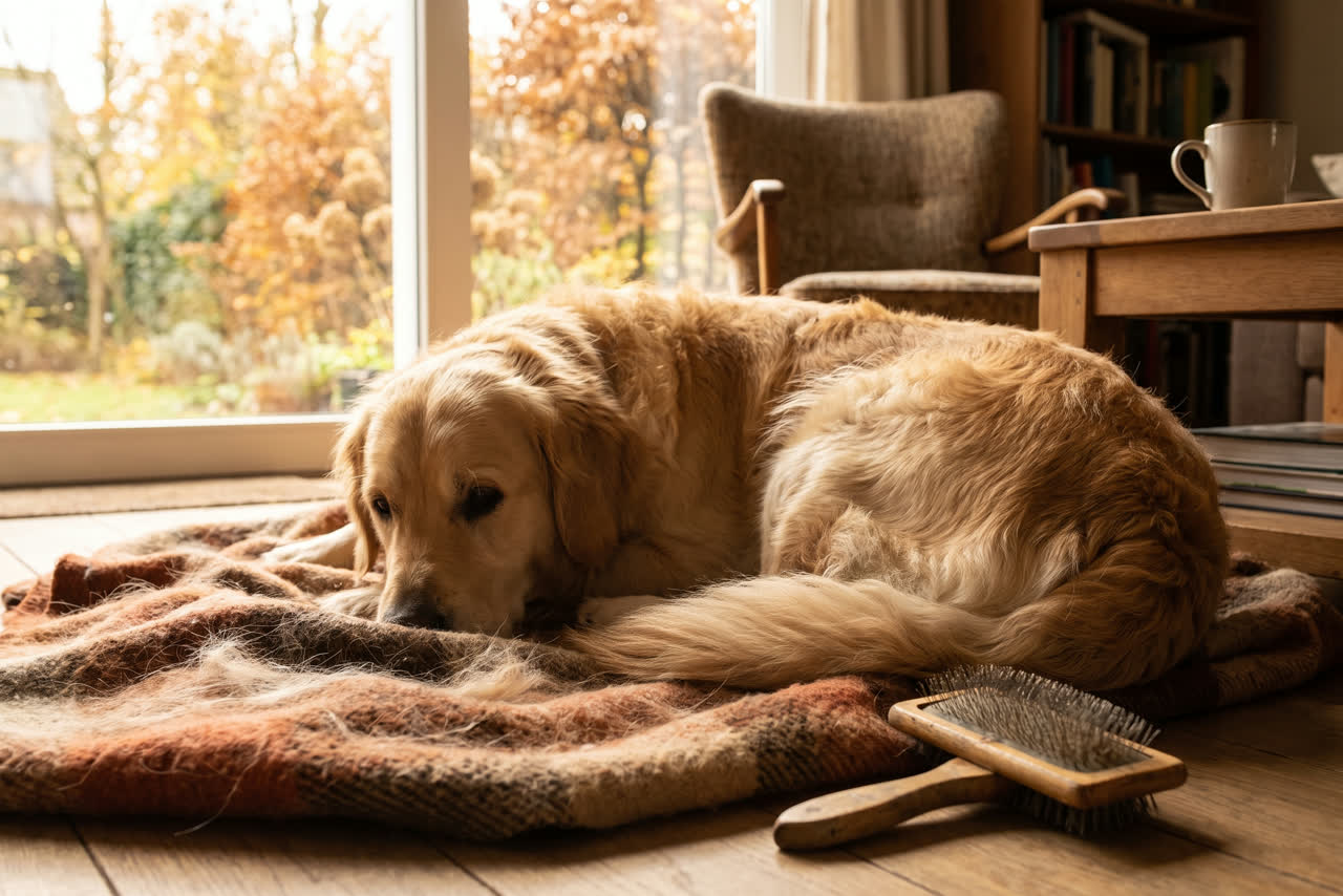 Golden retriever ligt op een wollen deken vol losse haren, met een borstel ernaast in het najaarslicht