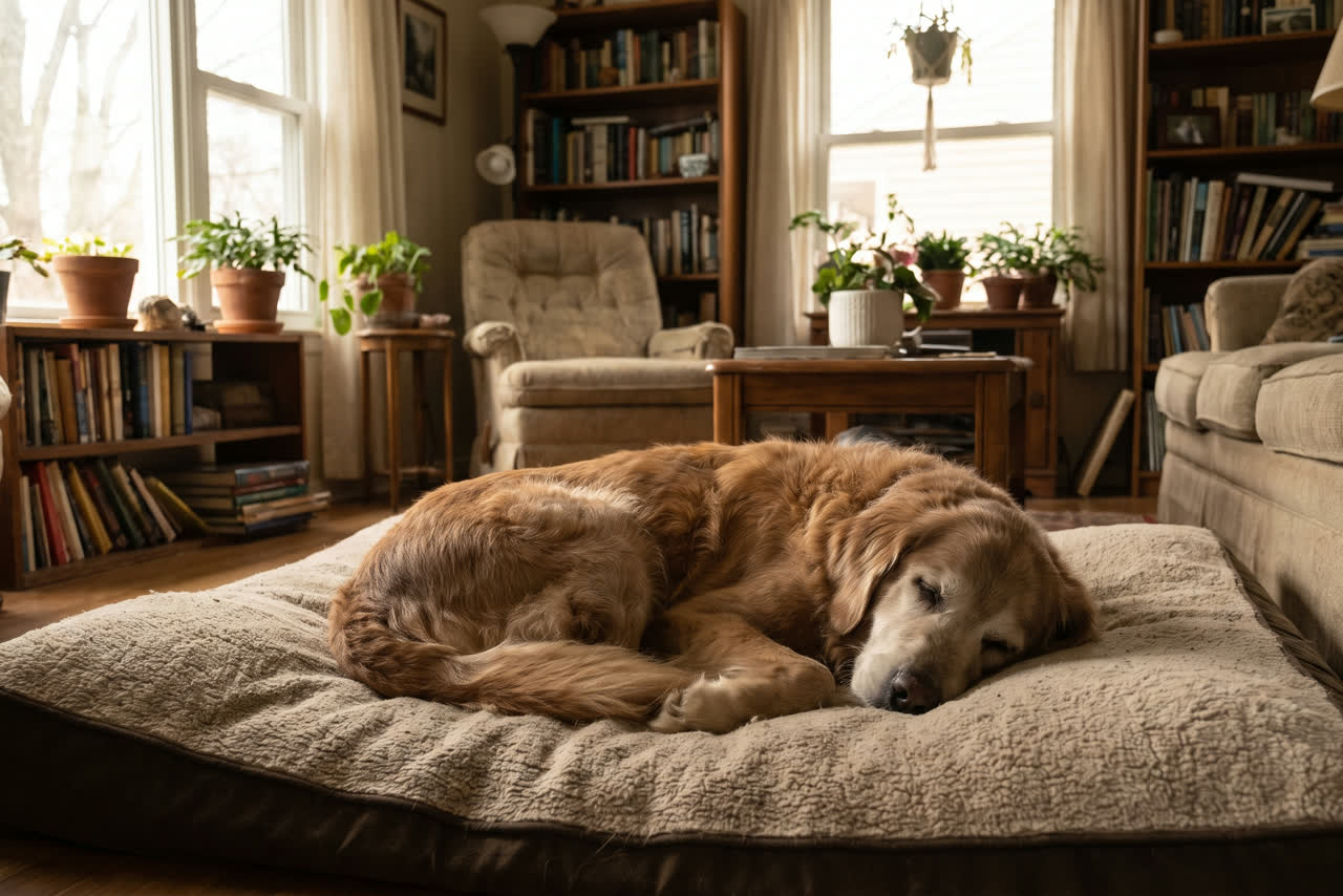 Senior hond rust comfortabel uit op zijn slaapplek