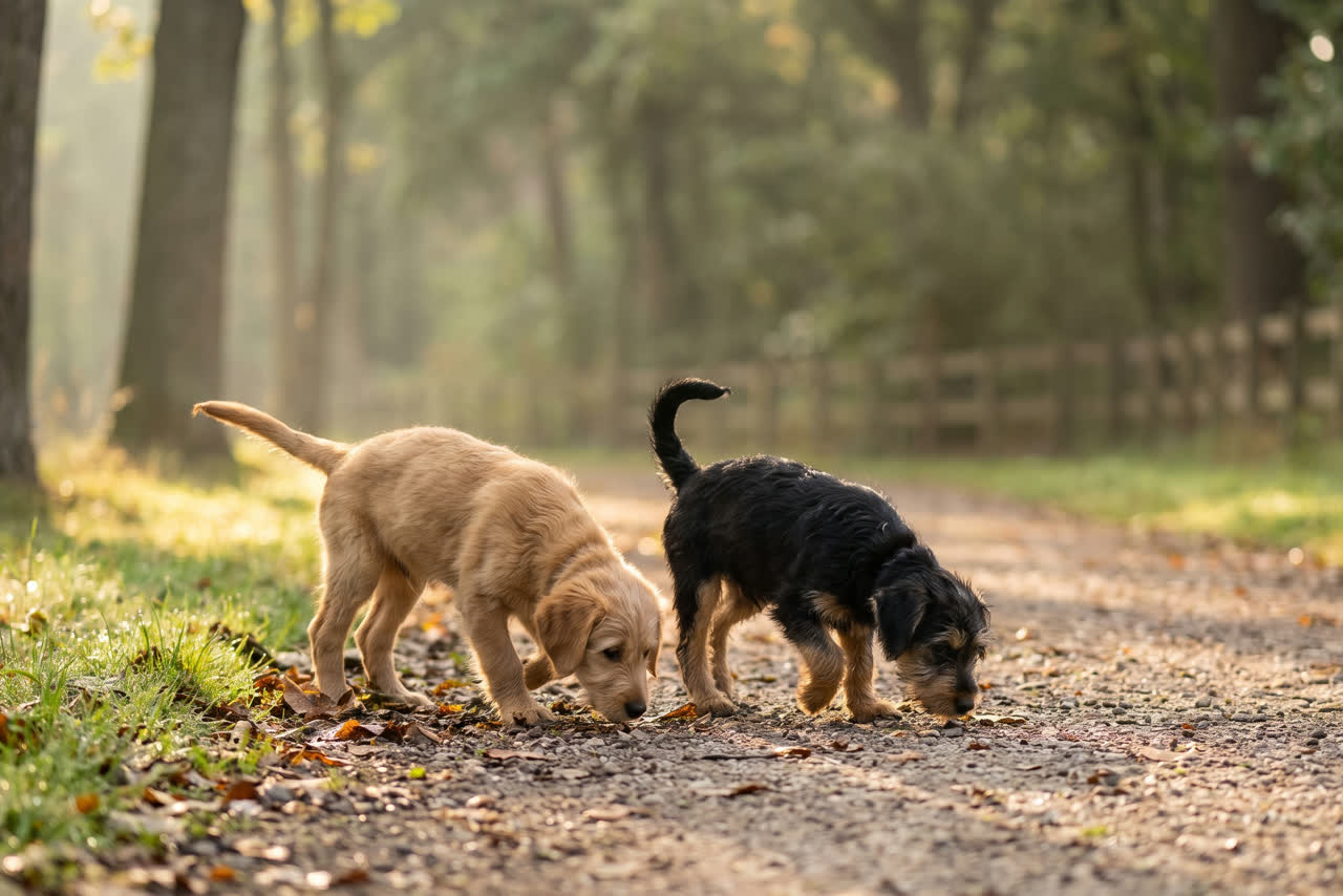 Golden retriever puppy's samen in een bench