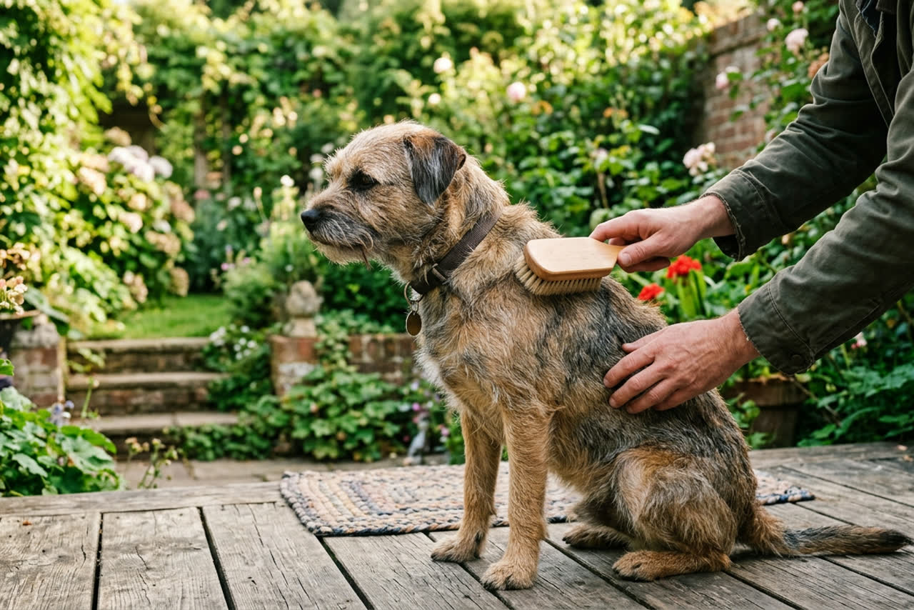 Ruwharige hond zit rustig op een tuinterras en wordt geborsteld met een houten borstel