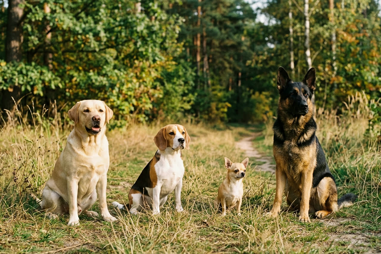 Honden van verschillende rassen en formaten zitten samen op een grasveld
